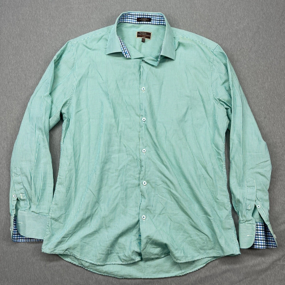 James Tattersall London‎ Mens XL/XG Green White Gingham Check Dress Shirt